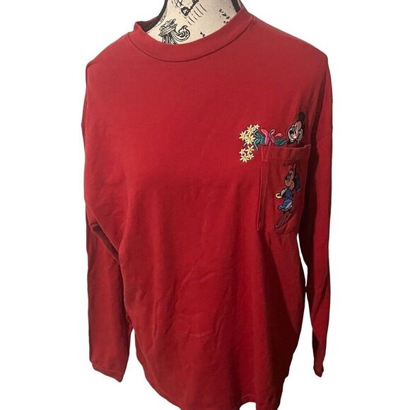 Vtg Mickey & Minnie Embroidered Pocket Love Flowers Long Sleeve Red Womens Large - Picture 4 of 16